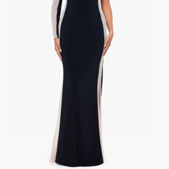 Xscape Black Nude Bead Detail Long Sleeve One Shoulder Gown - Picture 2 of 6